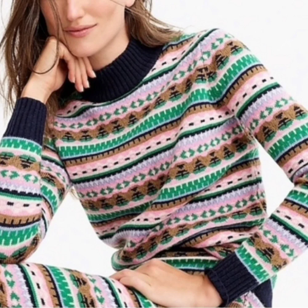 J. Crew Sweater Fair Isle Lambswool Mock Neck Knit Ribbed Pullover Holiday Small
